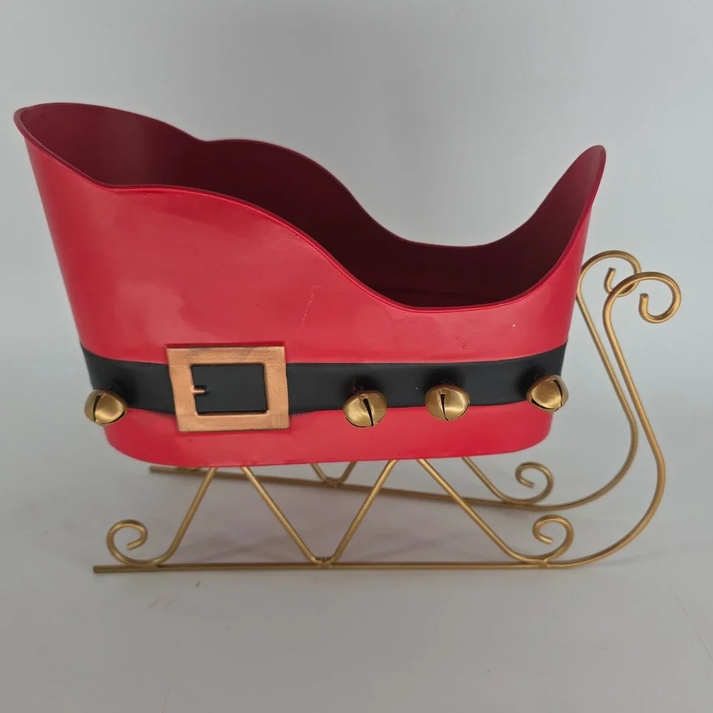 Vintage Santa Sleigh Christmas Centerpiece Red Gold Jingle Bell Holiday Decor